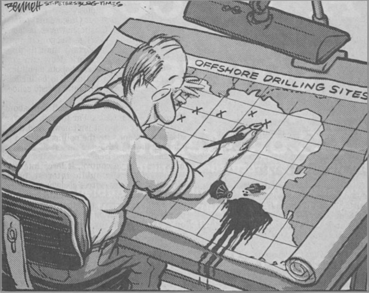 Political Cartoon by BENNET, showing black ink spilled on a map being drawn of off-shore oil wells sites..